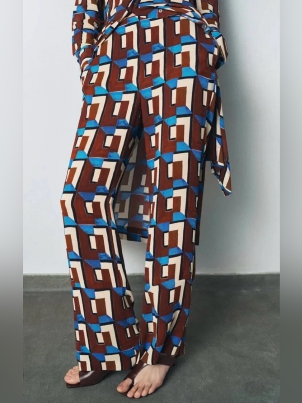ZARA ZW Collection Geometric Print Blue, Brown & White Flare Pants